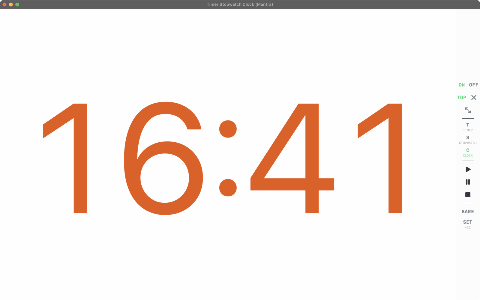 The Timer Stopwatch Clock window showing the time 16:41 in enormous orange digits, with ON, OFF, TOP, the modes T, S, C, play, pause, stop, BARE and SET on the right